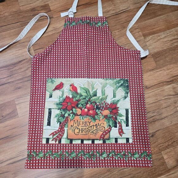 Merry Christmas Full Apron Festive Cardinal Holly Design Susan Winget - Picture 2 of 5